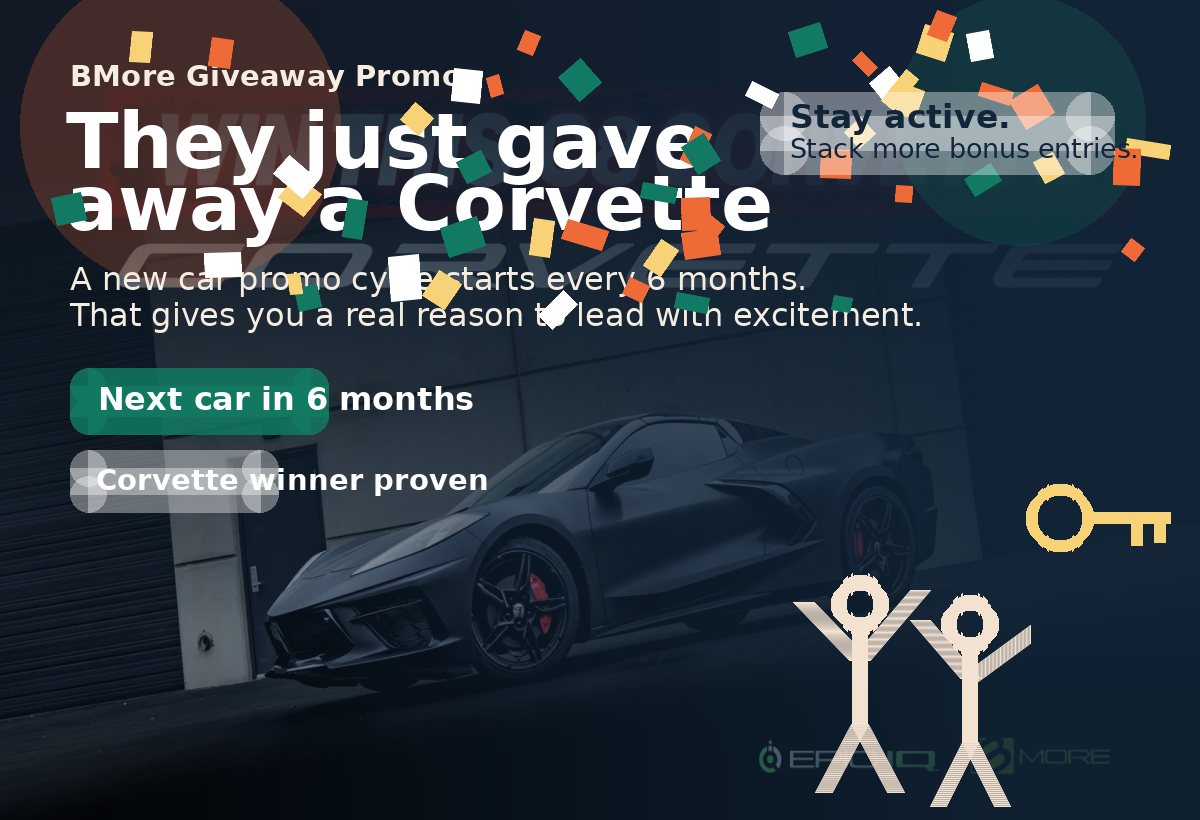 Celebratory BMore car giveaway graphic with Corvette, confetti, keys, and cheering winners